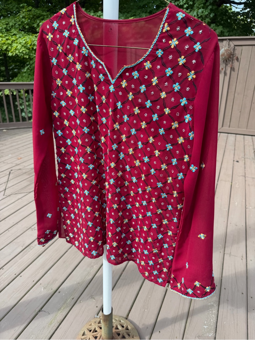 Embroidered V-Neck Long Sleeve Top - Burgundy
